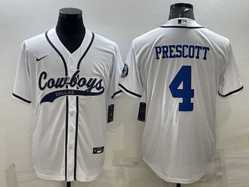 Men%27s Dallas Cowboys #4 Dak Prescott White With Patch Cool Base Stitched Baseball Jersey->dallas cowboys->NFL Jersey